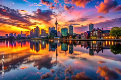 Silhouette of a City Skyline at Dusk with Colorful Sky and Reflection on Water Surface Below