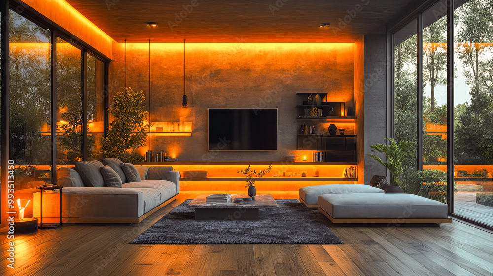 A stylish, modern living room with warm neon lighting, large glass windows, and a view of the sunset over a tranquil outdoor space.. A stylish, modern living room with warm neon lighting, large glass windows, and a view of the sunset over a tranquil outdoor space..