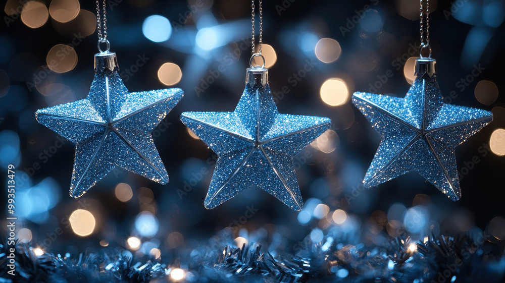 Sparkling Blue Star Ornaments on Festive Christmas Background Sparkling Blue Star Ornaments on Festive Christmas Background