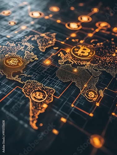 Digital Currency Flowing into World Map A stream of glowing digital currency symbols like Bitcoin, Dollar, and Euro flowing into a 3D world map, representing global financial transactions.  photo