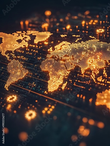 Digital Currency Flowing into World Map A stream of glowing digital currency symbols like Bitcoin, Dollar, and Euro flowing into a 3D world map, representing global financial transactions.  photo