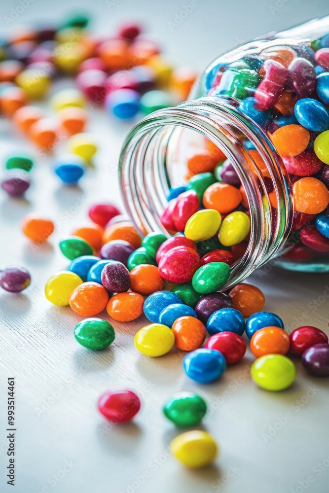 A jar of vibrant candy spilling onto a bright white table, representing bursts of joy, energy, and vivid imagination. A jar of vibrant candy spilling onto a bright white table, representing bursts of joy, energy, and vivid imagination.