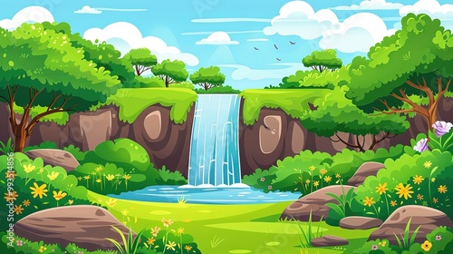 Peaceful Waterfall Scene in Lush Green Forest