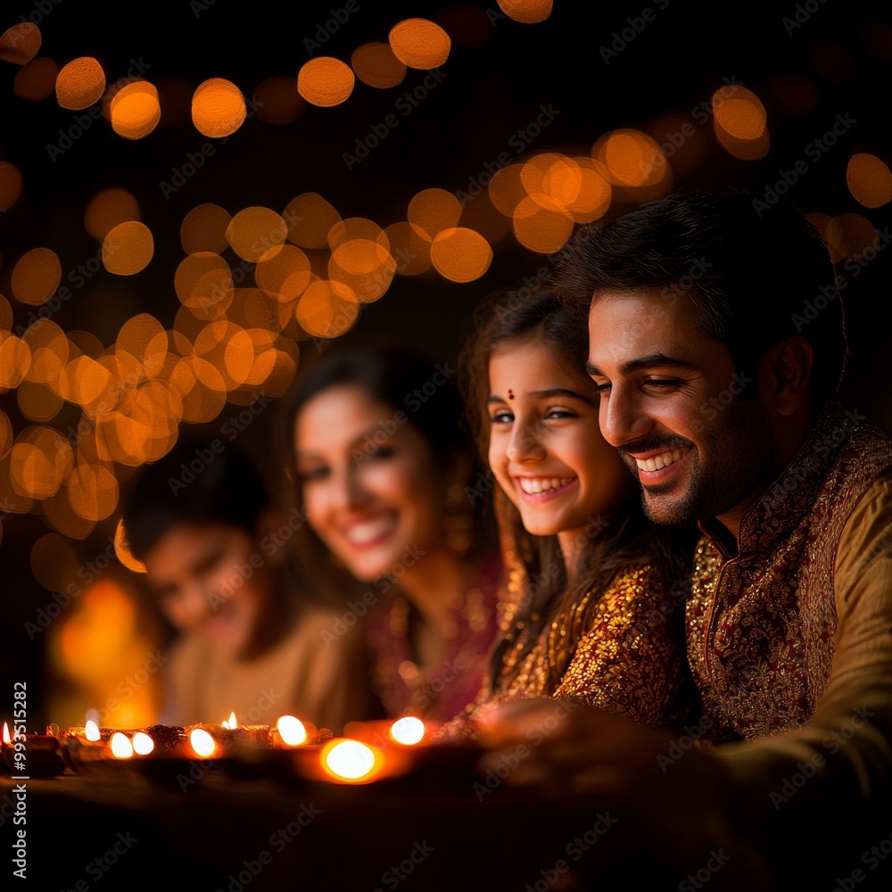 Fototapeta premium Joyful celebration with indian family at night, illuminated by festive lights and candles.