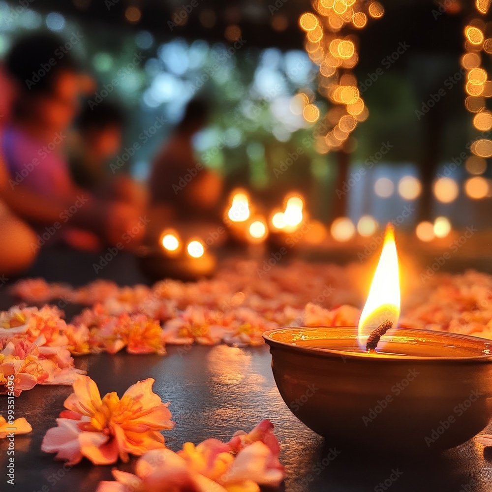 Soft glowing candle amidst scattered flowers, creating a serene atmosphere for meditation and reflection. Soft glowing candle amidst scattered flowers, creating a serene atmosphere for meditation and reflection.
