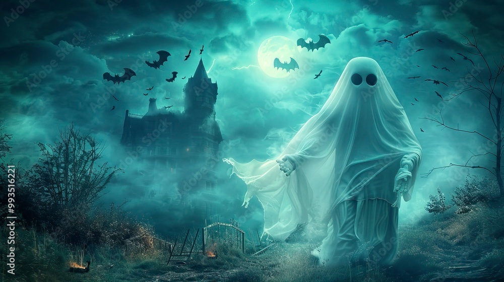 Obraz premium A poster with a ghost in the middle of the night with bats flying in the background, Halloween elements, Happy Hallowee