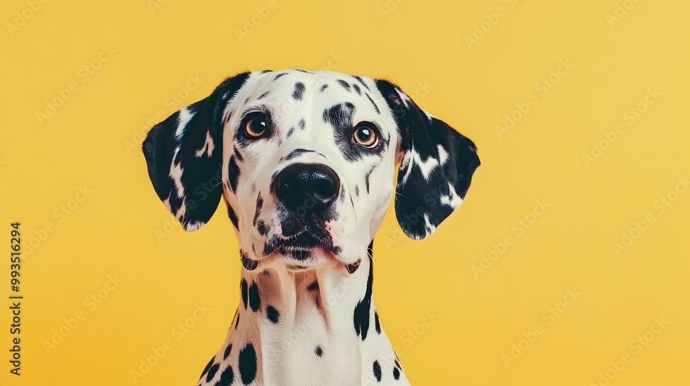 Adorable Dalmatian Dog Posing in Studio with Yellow Background Adorable Dalmatian Dog Posing in Studio with Yellow Background