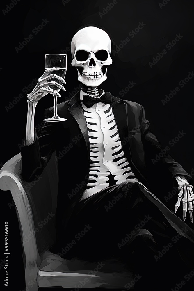 Minimalist Black Skeleton Chilling with a Gentleman style, Funny and Stylish Character on a Dark Black Background, Perfect for Halloween, Fashion, and Humorous Themes Minimalist Black Skeleton Chilling with a Gentleman style, Funny and Stylish Character on a Dark Black Background, Perfect for Halloween, Fashion, and Humorous Themes