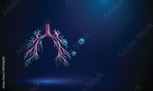 Abstract red bronchial tree with viruses outside. Respiratory and viral lung diseases, healthcare protection medical concept