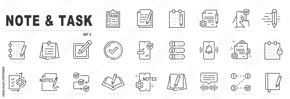 Note and task line icons. Checklist, document, notepad, list etc. Editable stroke. Set 2 Note and task line icons. Checklist, document, notepad, list etc. Editable stroke. Set 2