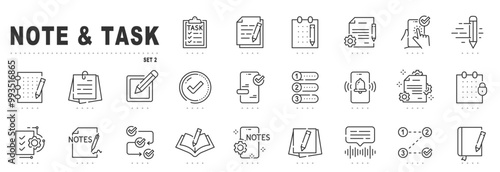 Note and task line icons. Checklist, document, notepad, list etc. Editable stroke. Set 2