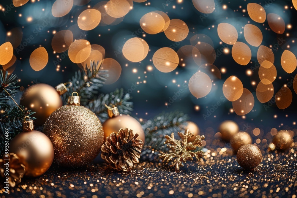Luxurious golden Christmas balls with pine cones against the background of a celestial nebula Luxurious golden Christmas balls with pine cones against the background of a celestial nebula