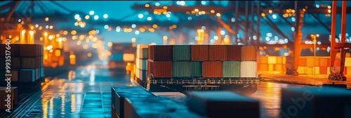 A bustling port scene at night showing stacked shipping containers with lights glowing, reflecting off the wet ground. photo