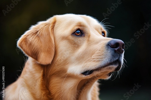 A close-up of a golden retriever's face, capturing its gentle expression and soulful eyes while outdoors. photo