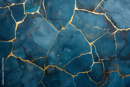 Marble surface with gold kintsugi pattern. Kintsukuroi japanese traditional background. Kintsugi. Blue stone surface with gold cracks.