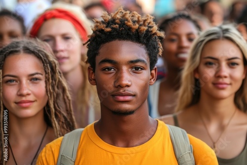 A diverse group of protesters standing arm in arm, with a focus on a young Black man in the center, showcasing determination and unity in the fight for justice