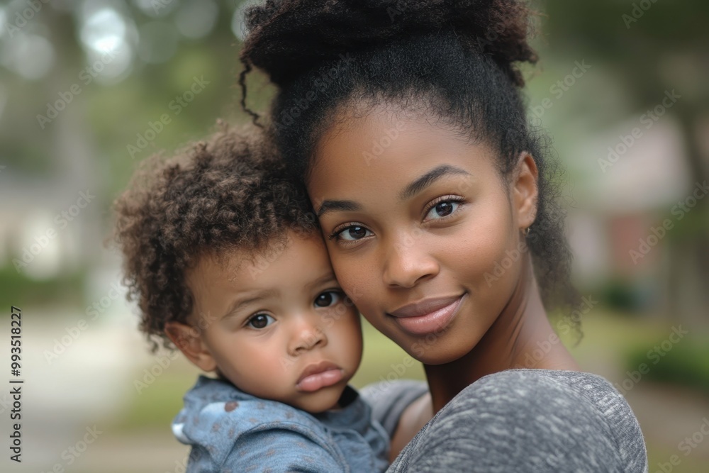 Fototapeta premium Family Bonding. Young African American woman holding cute toddler, fam