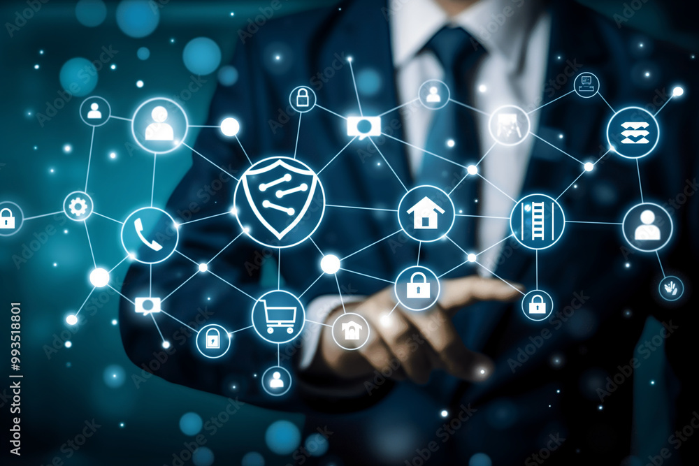 Businessman Protecting Network Security with Shield Icon Businessman Protecting Network Security with Shield Icon