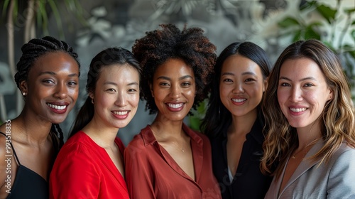 A radiant group of five women from diverse backgrounds are smiling harmoniously, embodying diversity, empowerment, and unity in a modern setting.