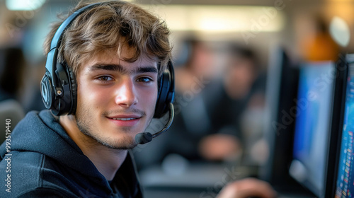 Wearing a headset and working at a computer, young man working in customer service