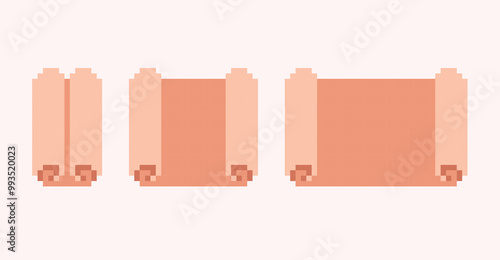 Ancient scroll, old papyrus pixel art set. Rolled manuscript collection. 8 bit. Game development, mobile app. Isolated vector illustration.