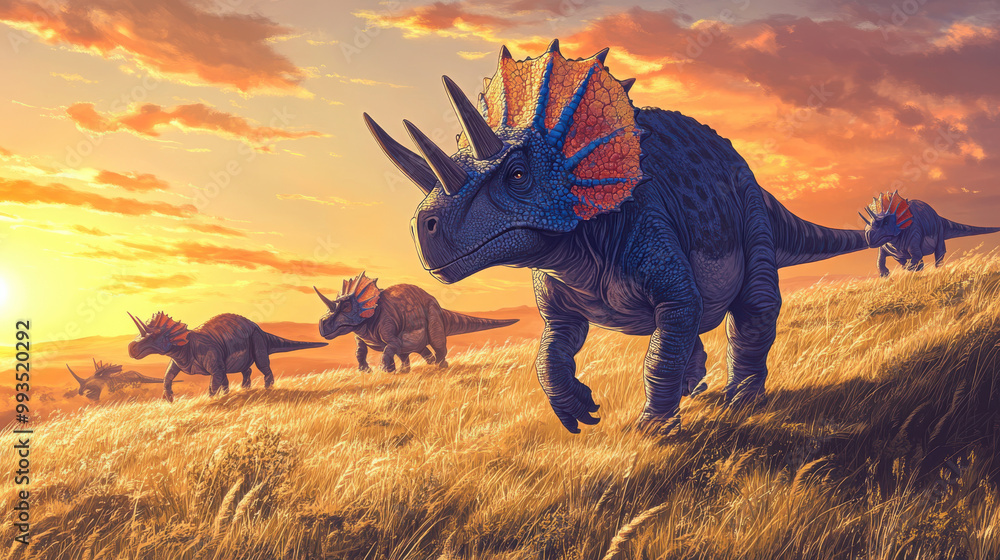 Fototapeta premium A herd of Ceratopsians grazing peacefully in an open prehistoric savanna, with rolling hills and sparse, tall grass extending into the horizon