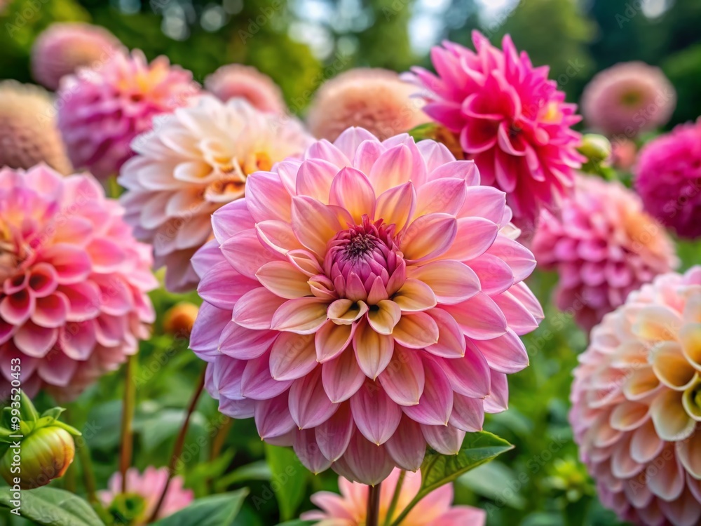Obraz premium Soft and Elegant Light Pink Dahlias Blooming in a Beautiful Garden Setting Under Natural Light