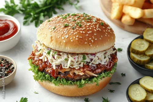 BBQ pulled pork burger without top bun, layered with coleslaw and pickles, placed on the right side of a clean white table, professional overhead shot.