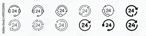 Support service with headphones. Customer Support Icon, 24 hours service icon, 24-hour support icons. 24 Hours a day service icon, 24 Hours Support icon. Twenty four hour service icons, Telemarketing