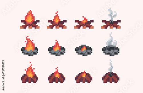 Burning and extinguished camp fire pixel art set. Fading fire pit collection. 8 bit. Game development, mobile app. Isolated vector illustration.
