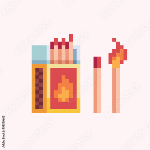 Matchbox and match pixel art.  Burning matchstick element.  8 bit. Game development, mobile app. Isolated vector illustration.