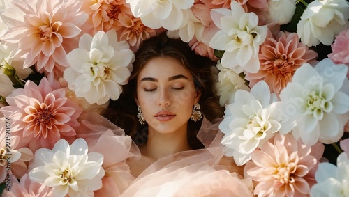 Posa ragazza a occhi chiusi tra i fiori photo