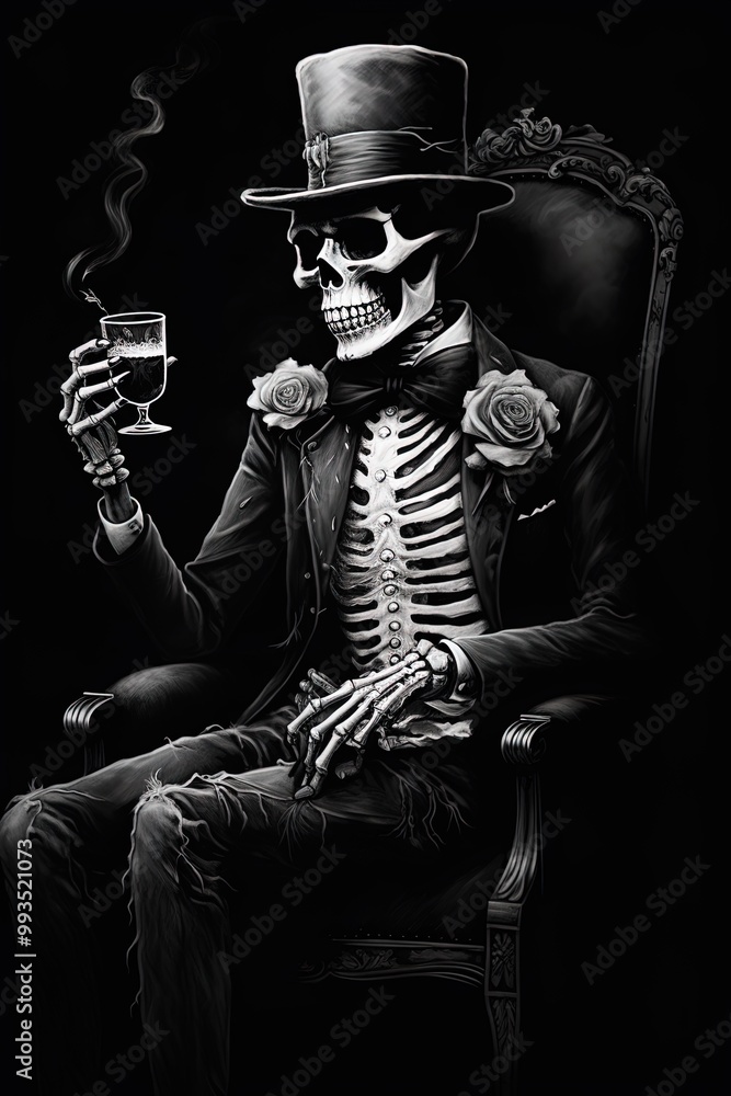 Fototapeta premium Minimalist Black Skeleton Chilling with a Gentleman style, Funny and Stylish Character on a Dark Black Background, Perfect for Halloween, Fashion, and Humorous Themes