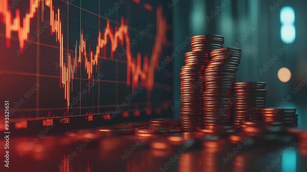 Coin Tower Next to Stock Graphs A towering pile of coins standing beside a 3D financial chart with rising and falling lines, symbolizing investment, risk, and market trends. Coin Tower Next to Stock Graphs A towering pile of coins standing beside a 3D financial chart with rising and falling lines, symbolizing investment, risk, and market trends.