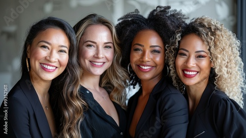 Four women standing shoulder to shoulder, each with broad smiles, radiating confidence and camaraderie in a bright, minimalist setting indoors.