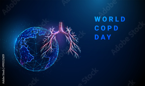 Abstract red human bronchial tree with planet Earth. World COPD Day banner. Respiratory health awareness and global medical campaigns concept.