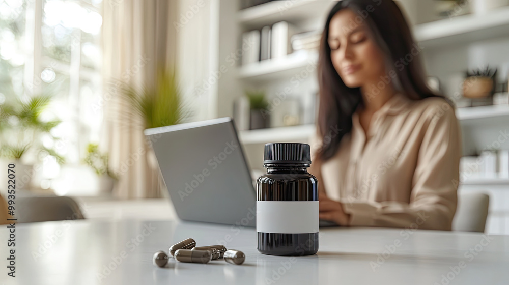 A woman is sitting at a table with a bottle of pills and a laptop. Generative AI A woman is sitting at a table with a bottle of pills and a laptop. Generative AI
