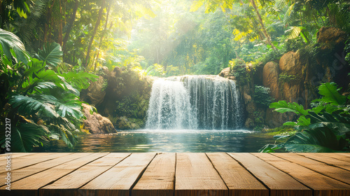 Wooden Podium by Waterfall in Tropical Forest for Nature-Inspired Product Presentation. Generative AI