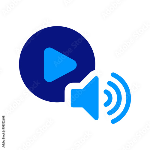 Play button with a sound speaker, blue gradient, multimedia concept, audio playback, volume control, minimalistic design, digital sound representation, media interface.