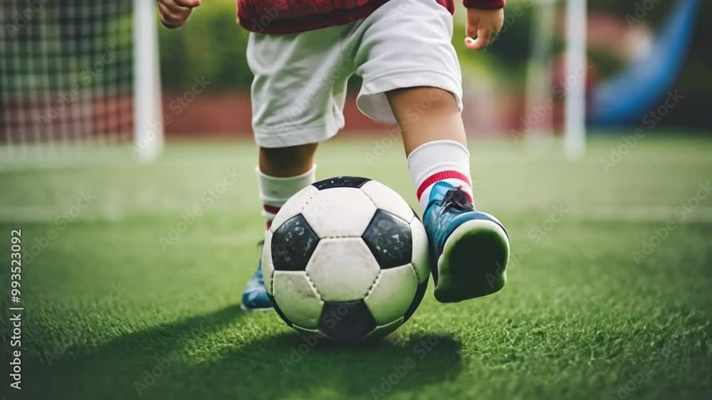 Young Child Playing Soccer on a Grassy Field During the Afternoon Generative AI