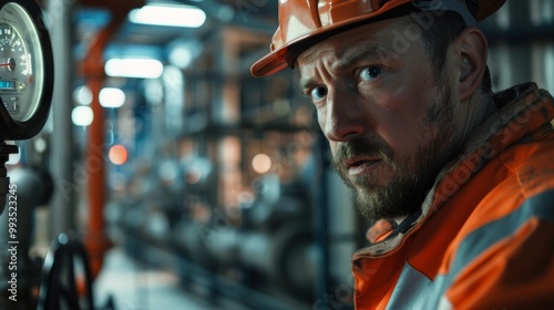 Focused Worker in Safety Gear Inside Industrial Facility with Equipment