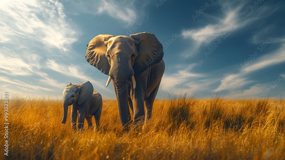 Obraz premium African elephants on vibrant savanna, mother and baby, lush green grasslands, bright blue sky, golden sunlight, wildlife photography, highly detailed, majestic atmosphere.
