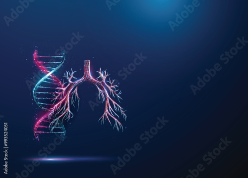 Abstract blue and purple DNA molecule helix and bronchial tree. Genetic biotechnology engineering concept