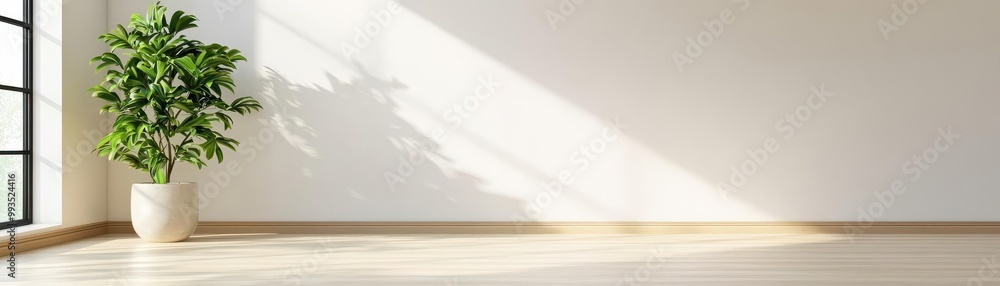 Sunlit room with minimalist decor featuring a green plant in a pot, perfect for home or office environments. Sunlit room with minimalist decor featuring a green plant in a pot, perfect for home or office environments.