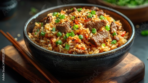 Beef fried rice in rustic ceramic bowl, wooden serving board, chopsticks, garnished with green onions, sesame seeds, vibrant colors, steam rising, gourmet presentation.