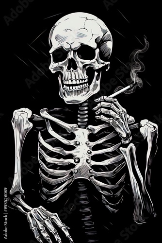 Minimalist Black Skeleton Chilling with a Gentleman style, Funny and Stylish Character on a Dark Black Background, Perfect for Halloween, Fashion, and Humorous Themes