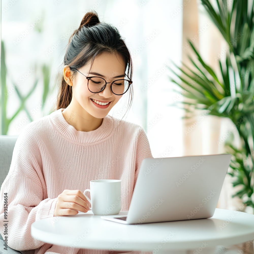 A young woman enjoys coffee while working on her laptop in a cozy, well-lit space. The vibrant greenery adds a refreshing touch to her relaxed and productive atmosphere. A young woman enjoys coffee while working on her laptop in a cozy, well-lit space. The vibrant greenery adds a refreshing touch to her relaxed and productive atmosphere.