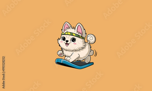 Cute puppy running on a treadmill with excitement.