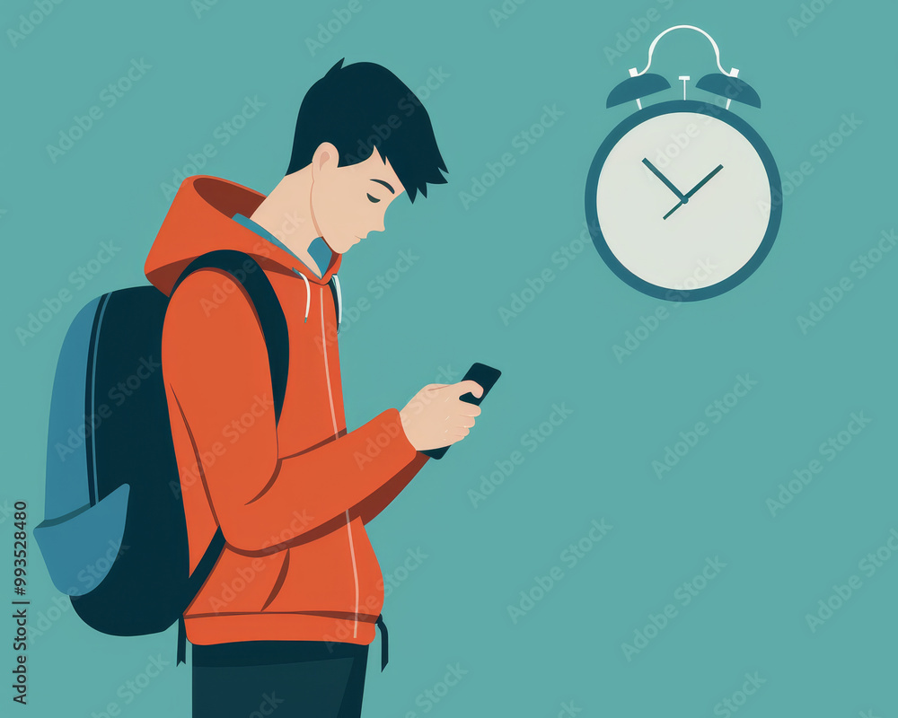 A teenager immersed in social media on a smartphone. Impact of technology on focus and learning, with a neglected schoolbag and clock displaying late hours, reflecting overreliance on digital devices. A teenager immersed in social media on a smartphone. Impact of technology on focus and learning, with a neglected schoolbag and clock displaying late hours, reflecting overreliance on digital devices.