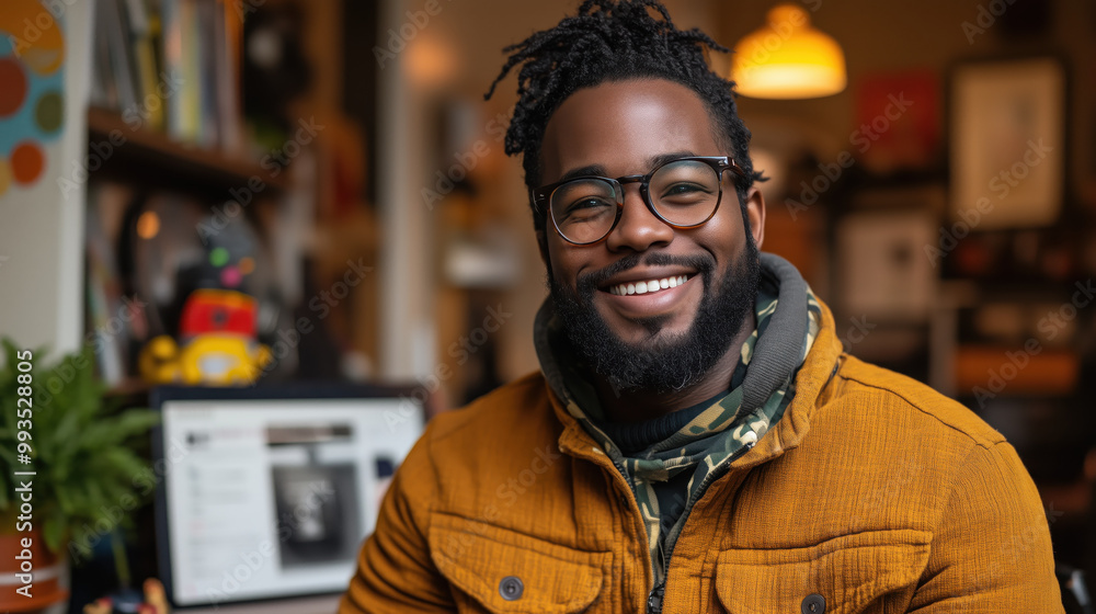 Fototapeta premium Kindly black man smiling in cozy workspace